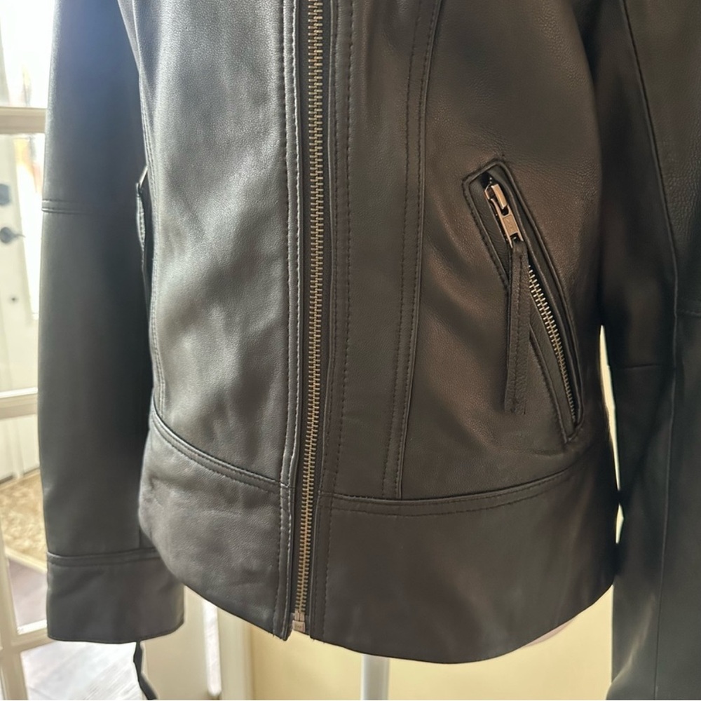 Calvin Klein Black Leather Funnel Collar High Neck Asymmetrical Moto Jacket XS - Picture 3 of 10